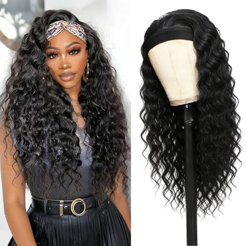 Image of XSY Headband Wig Human Hair 26 Inch Deep Wave Human Hair Headband Wigs for Black Women Glueless Curly Headband Wig 150% Density Natural Color