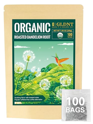 GLDNT Organic Roasted Dandelion Root Tea Bags, Caffeine Free, 100 Count