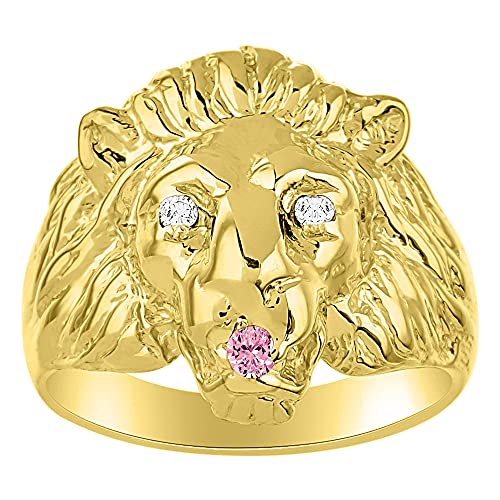 Image of Rylos Lion Head Ring Color Stones Eyes & Diamond Mouth - Fun Designer Rings in Sizes 8-13 in Yellow Gold Plated Silver