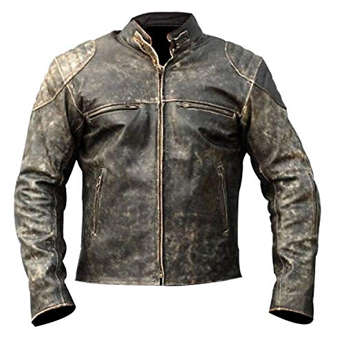 Fashion_First Vintage Retro Cafe Racer Antiguo Biker - Chaqueta de piel de vacuno auténtica para hombre Colección, Negro , S