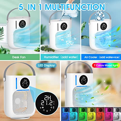 Climatiseur Portable, 5 en 1 Refroidisseur d'Air, 1000ML Mini Climatiseur Mobile avec Affichage LED, 3 Vitesses, 2/12H Minuterie, 7 Couleurs Lumière, Humidificateur, Ventilateur pour Maison/Bureau - Image 3