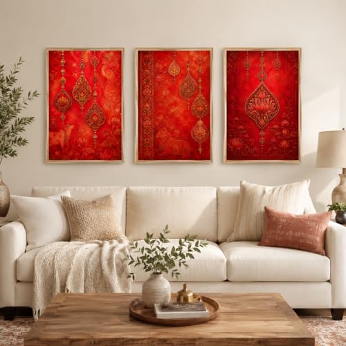 Image of Livin'luxe Set of 3 Red Ethnic Ornament Wall Paintings for Living Room Bedroom Home Decor with Premium Wooden Color Synthetic Frame (25.5 x 19.5 Inch) NM03-96