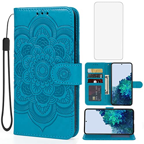 Étui Galaxy S22 Samsung Coque Portefeuille en Cuir Bleu avec Verre Trempé