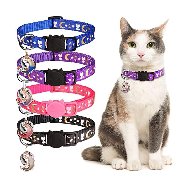 Hinialver 4 pcs cat collars with bell breakaway gold moons and stars adjustable safety kitten collars with charm glow in the dark