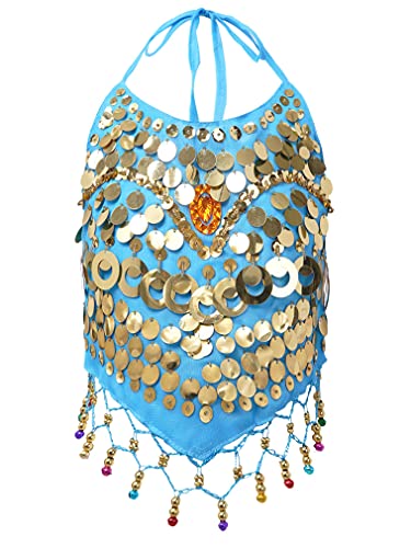 FEESHOW Kids Girls Glitter Sleeveless Crop Top Lace-up Halter Neck Backless Sequins Bells Tassel Decor Top
