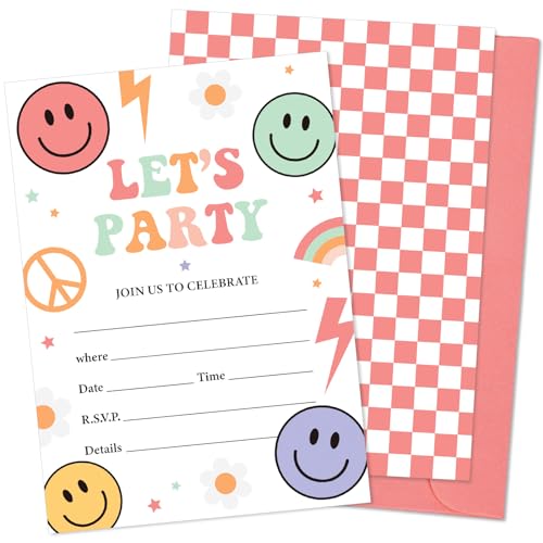 JarThenaAMCS 25 Set Retro Smile Face Party Invitations with Envelopes Boho Birthday Checkered Candy Color Happy Face Invites for Wedding Celebration Party Decors, 5 x 7 Inch