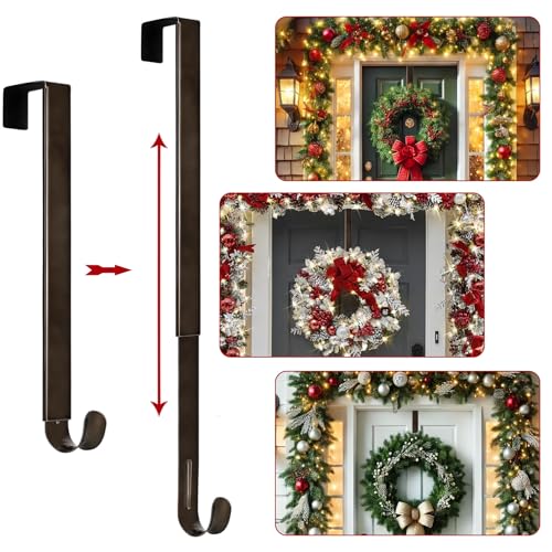 Image of 15 inchto 25 inch Wreath Door Hanger, Non Scratch Wreath Hangers for Front Door | Metal Door Wreath Hanger, Over the Door Hooks, Hanging Fall Easter Christmas Halloween Decor Welcome Sign- Hold Up to 20lbs