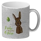 Frohe Ostern Glitzer-Kaffeebecher mit Osterhase und Osterei als Geschenkidee zu Ostern im Aquarell Stil um Mama und Papa eine Freude mit Einer bunten Tasse zu Machen