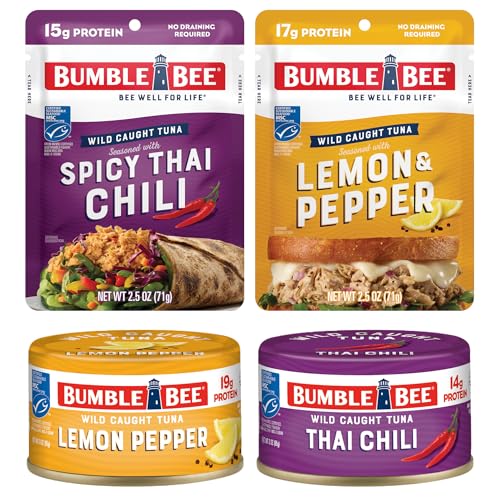 Image of Bumble Bee Seasoned Tuna On The Go Bundle - Lemon & Pepper and Spicy Thai Chili - (2) Ready to Eat 2.5 oz Packets and (2) Snack Sized 3 oz Cans