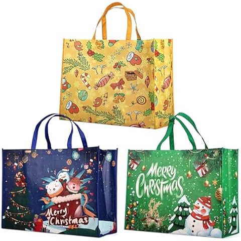 PARSUP 3PCS Giant Christmas Gift Bags, Heavy Duty Treat Tote Grocery Bags with Handles, Sewing Non-Woven Jumbo Bags for Gifts Wrapping Shopping, Xmas Party Supplies, 21.26"×15.7"×7.9" Cover