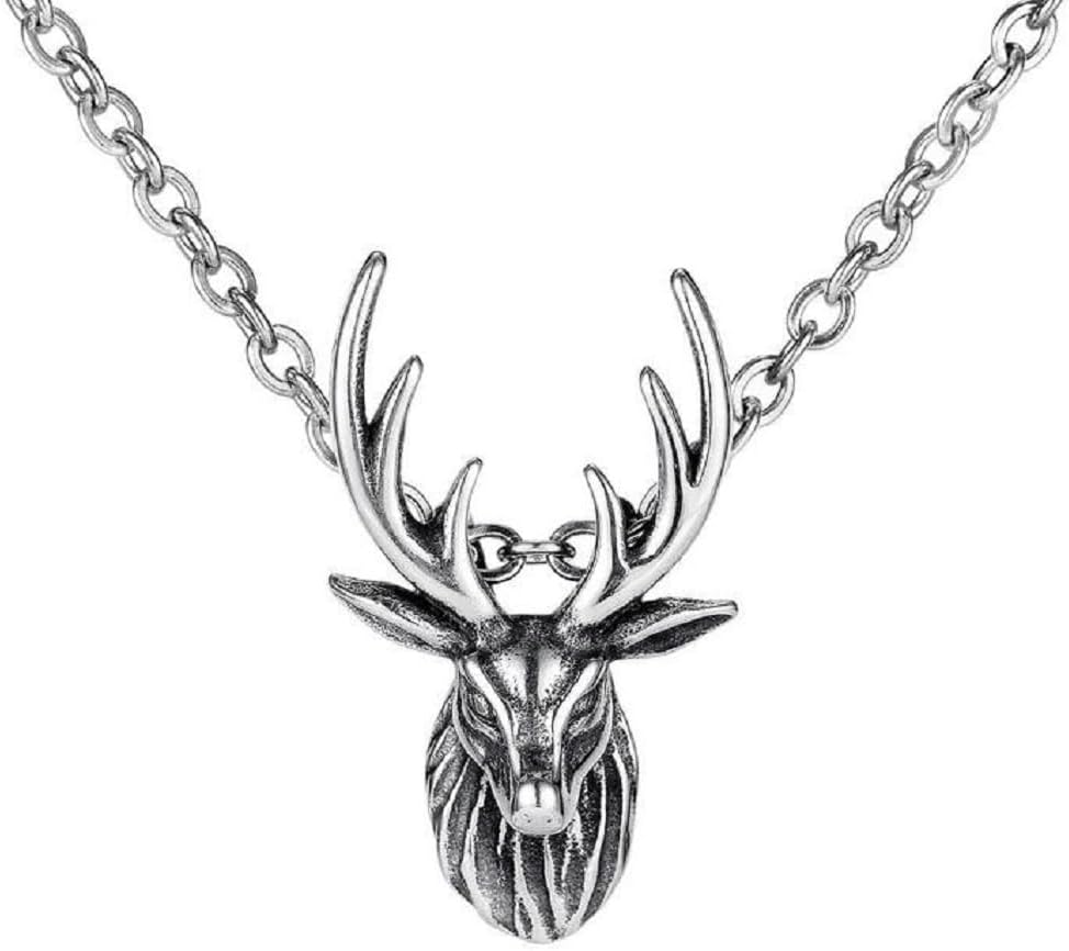 Deer Head Necklace for Men, Hip Hop Reindeer Necklace, Norse Viking Deer Antler Pendant Necklace with 21.7"Chain, Stainless Steel Punk Rock Deer Pendant