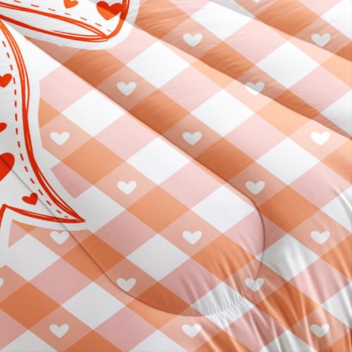 Image of AILONEN Peach Gingham Comforter Queen 3-Piece Aesthetic Bowknot Bedding Orange Plaid Quilt Ultra Soft Microfiber Quilted Duvet Alternative Master Bedroom Decor Vibrant Apricot Blanket 2 Cases