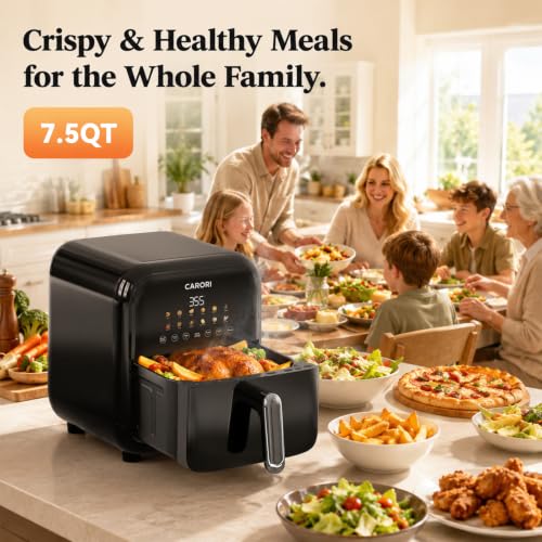 Image of CARORI 7.5 Qt Air Fryer with Viewing Window, 12 Presets and DIY Mode, 1700W, Large Nonstick Dishwasher-Safe Basket, Air Fry, Bake, Roast, Reheat, Dehydrate, Black