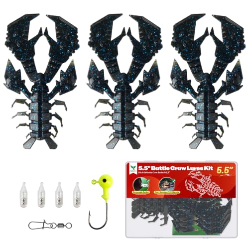 Image of Battle Craw Soft Plastic Crawfish Lures Kit with Removable Rattles | Salt Infused Creature Bait for Bass Fishing, Texas Rig & Jig Trailer Lure in Tackle Box, Realistic 1:1 Claw-to-body 4.1 /5.5in