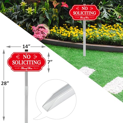 Image of Heavy Duty No Soliciting Sign for House - All Metal Construction No Soliciting Yard Sign - 14 inch x 7 inch - Aluminum - with 28 inch Long Stake (Red)