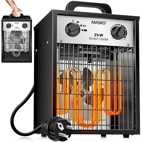 Masko® Calefactor eléctrico de 2 kW con termostato integrado, calentador eléctrico 2000 W, 3 niveles de calor, ventilador de calefacción para uso interior y exterior, protección contra sobrecarga