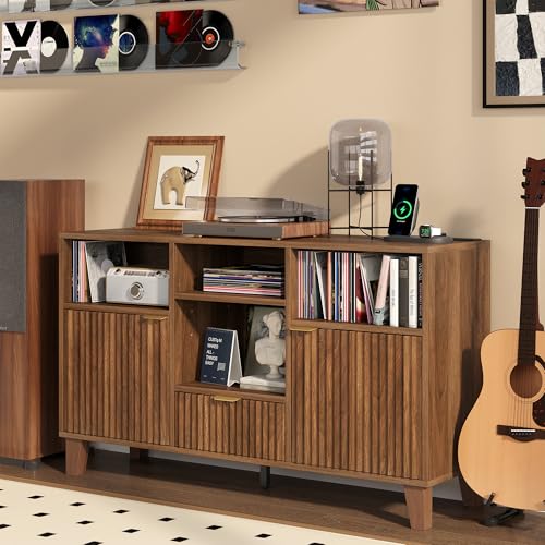 Image of knoworld Large Record Player Stand with Vinyl Record Storage, Turntable Stand with Charging Station, Power Outlet, Wooden Storage Cabinet for Living Room and Bedroom (Walnut)