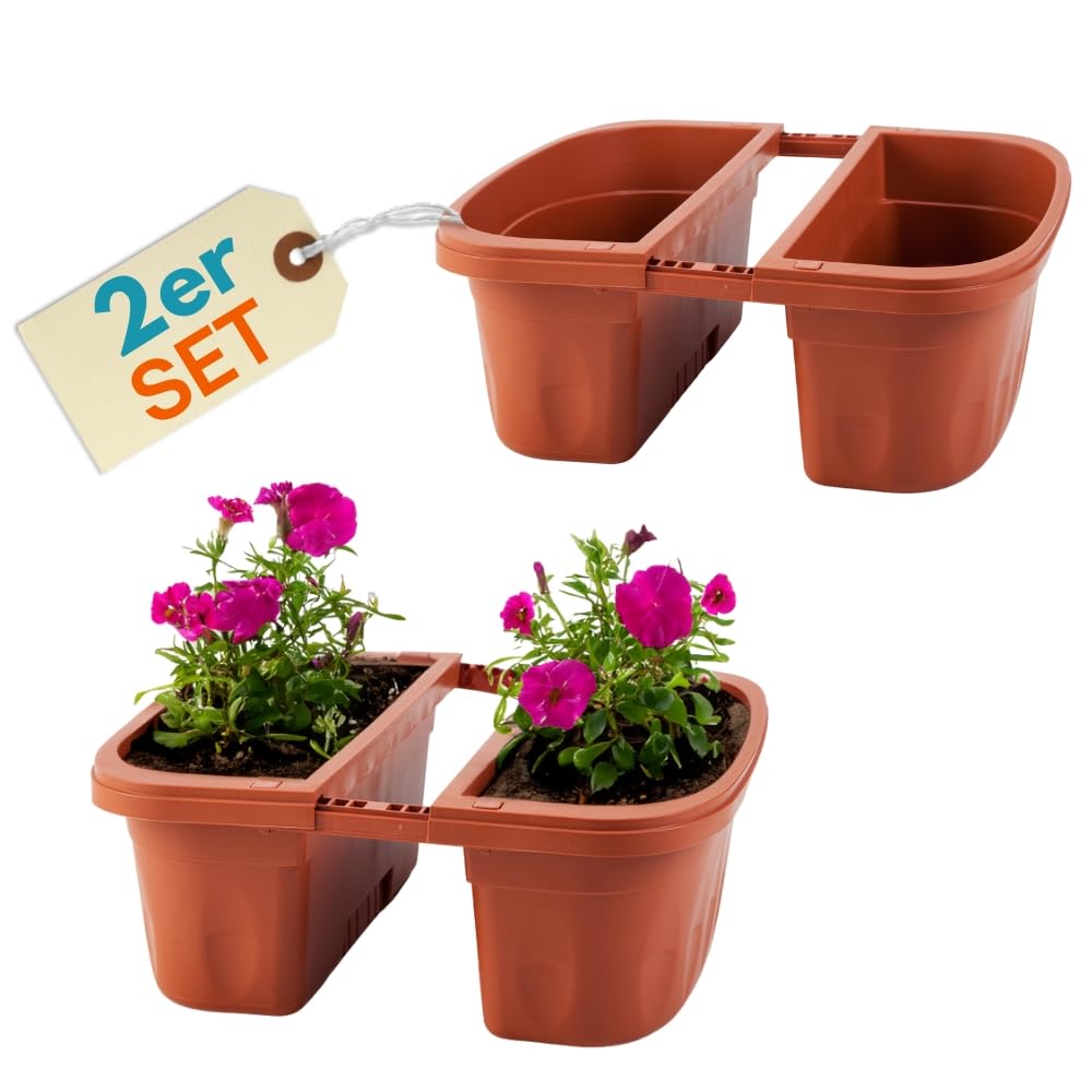 GarPet 2er Set Blumenkasten Balkongeländer Beidseitig Balkon Blumenkasten Doppelseitig Balkonkasten mit Halterung Geländerkasten mit Wasserspeicher Teracotta 50 cm