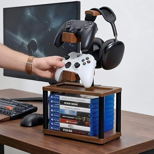 Solid Wood Headphone Stand & Controller Holder with Video Game Storage Base — view 6