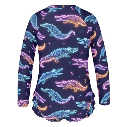 ALAZA Alligator Neon Black Girls One Piece Swimsuit Long Sleeve Rash Guard Swimsuits UV 50+ Swimwear Zipper3
