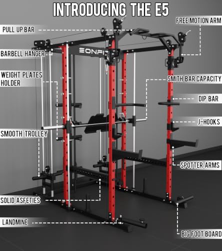 Image of Eonfit E5 Smith Machine with Vertical Leg Press, Power Cage Squat Rack with LAT-Pull Down Cable Crossover Rotating Arms System Home Gym Equipment All in One