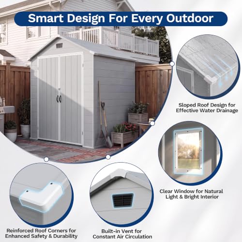 Image of Devoko 6X6 FT Plastic Outdoor Storage Shed with Floor, Light Grey | Resin Tool Sheds with Lockable Door and Window, Weather-Resistant Garden Shed, Easy Assembly for Backyard, Patio, Lawn