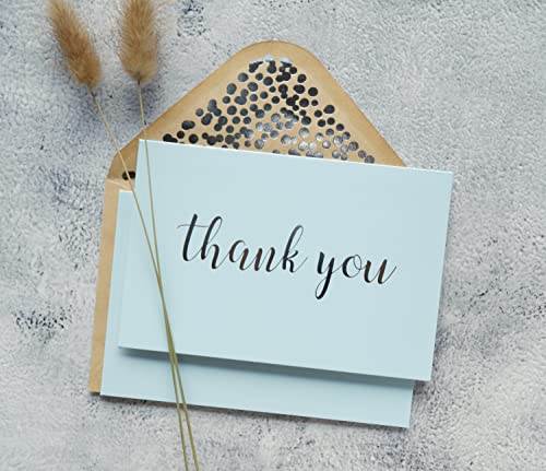 Thank You Cards - Blank 50 Pack Baby Blue Matte Finish Cards With Silver Foiled "Thank You" Printed With 52 Confetti Design Kraft Envelopes 4" X 6" - For Bridal Shower Baby Shower Birthday Party #TOP6
