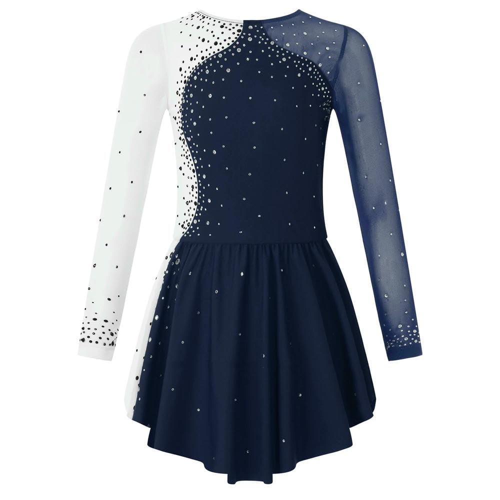 QXDZSW - Vestido de patinaje artístico para niñas, manga larga, con diamantes de imitación, vestido de gimnasia, leotardo, ballet, danza, actuación