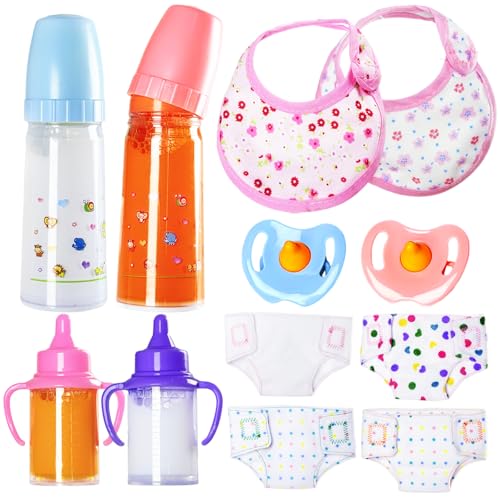 Kuihaazi 12PCS Baby Doll Accessories Set,Doll Pretend Play Feeding Toys,Baby Doll Feeding Include Disappearing Milk and Juice Bottles,Pacifier,Bibs,Diapers