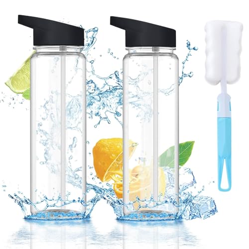 WUERKIYA Clear Water Bottle, 2-Pack 750ml BPA-Free Plastic Reusable Sports Bottles with Straw, Flip-Top Lid, Perfect for Biking, Running, Hiking, Gym, School, Yoga, Office