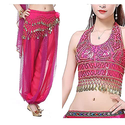 Image of VRITRAZ Women's Chiffon Belly Dance Heart Design Chiffon Top, Harem Pants And Hip Scarf Ringy Fancy Pants (Pink)