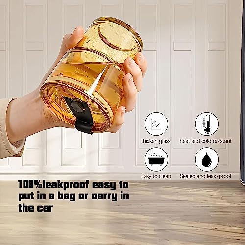 Image of KHOLAD Glass Tumbler with Anti-Slip Leather Sleeve Pack of 1, 400ml Drining Coffee Sipper with Lid and Glass Straw for Iced Tea,Smoothie, Cocktail Indoor & Outdoor Cup (Amber)