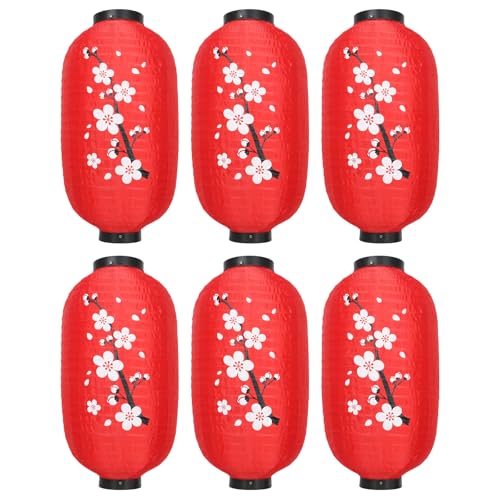 Image of Traditional Japanese Style Red Silk Cherry Blossom Lantern 10 Inch, ZUEXT Set of 6 Waterproof Indoor Outdoor Festival Theme Birthday Party Home Yard Lanterns Japanese Eateries Decor