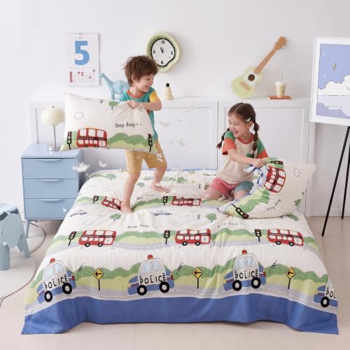 Image of Filymore Kids Double Bedsheet with 2 Pillow Covers | Police Car Printed Bed Sheet for Double Bed | 240 TC Soft Microfiber Bedding Set | 90 x 90 Inch Bedspread | Blue & Red