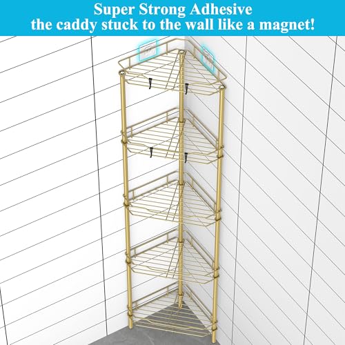 Image of HuggieGems 5 Tier Floor Standing Corner Shower Caddy Organizer Shelf with Hooks, Bathroom Shelves Stand Rack, Gold