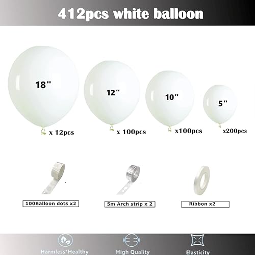 Miniatura 2 de 412 globos blancos de 18, 12, 10, 5 pulgadas, kit de arco de globos blancos de diferentes tamaños, globos de látex mate para baby shower,