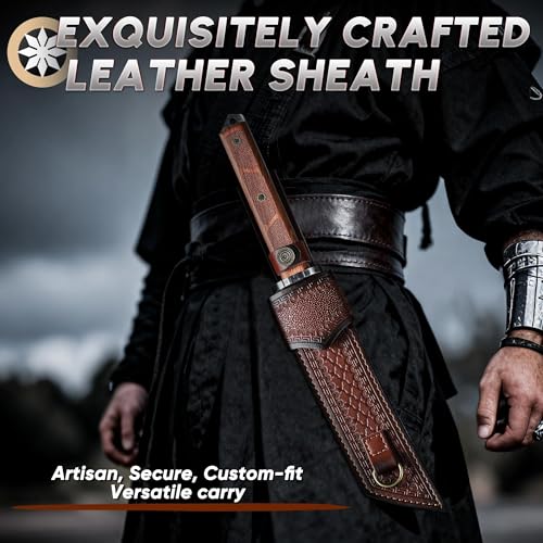 Image of Dream Reach Japanese Tanto Knife, Fixed Blade Knife with Leather Sheath for Back, Survival Knives with Wood Handle, Samurai Knives for Camping Outdoor, Collection Gift for Men