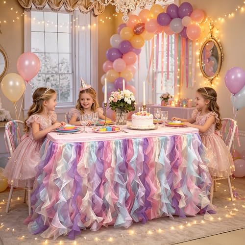 Image of Luxury Organza Mesh Table Skirt Draping Floating Romance - Perfect for Bridal Showers, Birthday Weddings - Clear Flowing Decoration for a Wonderful Main Cake Table (Colorful-6ft, 72 inchLx30 inchH)