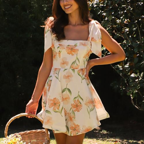 Image of Women Y2k Tie Shoulder Mini Dress Sleeveless Flowy Babydoll Dress Boho Floral Aline Short Sundress