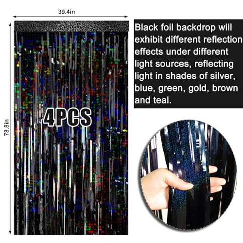 Image of 4 Packs Black Foil Fringe Curtain, Glitter Metallic Tinsel Backdrop for Birthday, Wedding, Bridal Shower, Halloween, Gold and Black Party Decorations Supplies