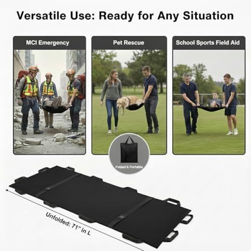 Image of Emergency Patient & Large Dog Transport Stretcher Gurney, 400 lbs | Includes carrying bag and 12 rubber handles, heavy duty patient animal mover for emergency rescue and vet care, black.