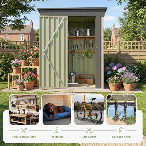 Image of Devoko 5 x 3 FT Storage Sheds with Floor Frame, Waterproof Garden Tool Shed with Lockable Door, Outdoor Metal Small Shed for Backyard Patio Lawn, Brown