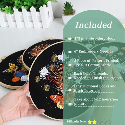 Image of FONNUY 3 Set Crewel Embroidery Kit for Beginners, Fireworks Blooming Pre-Stamped Pattern Kits for Adults with Hoop, Easy to Follow Needlework, 8''