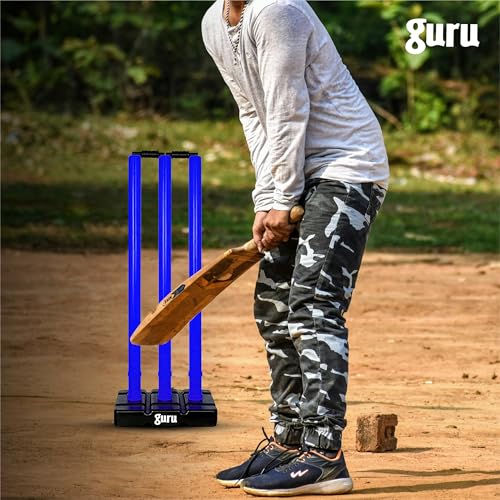 Image of Guru Cricket Wicket Set, Heavy Plastic Cricket Stumps Set - 3 Stumps + 2 Bails + 1 Base Stand