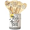 Halloween Decor Kitchen Utensil Holder with 6PC halloween Bamboo Utensil Set, Tirck or Treat Container Organizer for Countertop, Farmhouse Indoor Halloween Decorations for Home Kitchen Counter