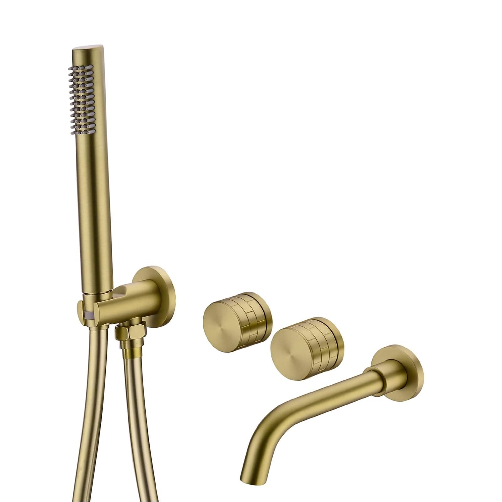 Bathroom Bath Tap with Brushed Gold Shower Handheld Mixer Shower Spout, Wall Mounted Bathtub Faucet 2 Functions Mixing Brass Valve Tub Taps Set
