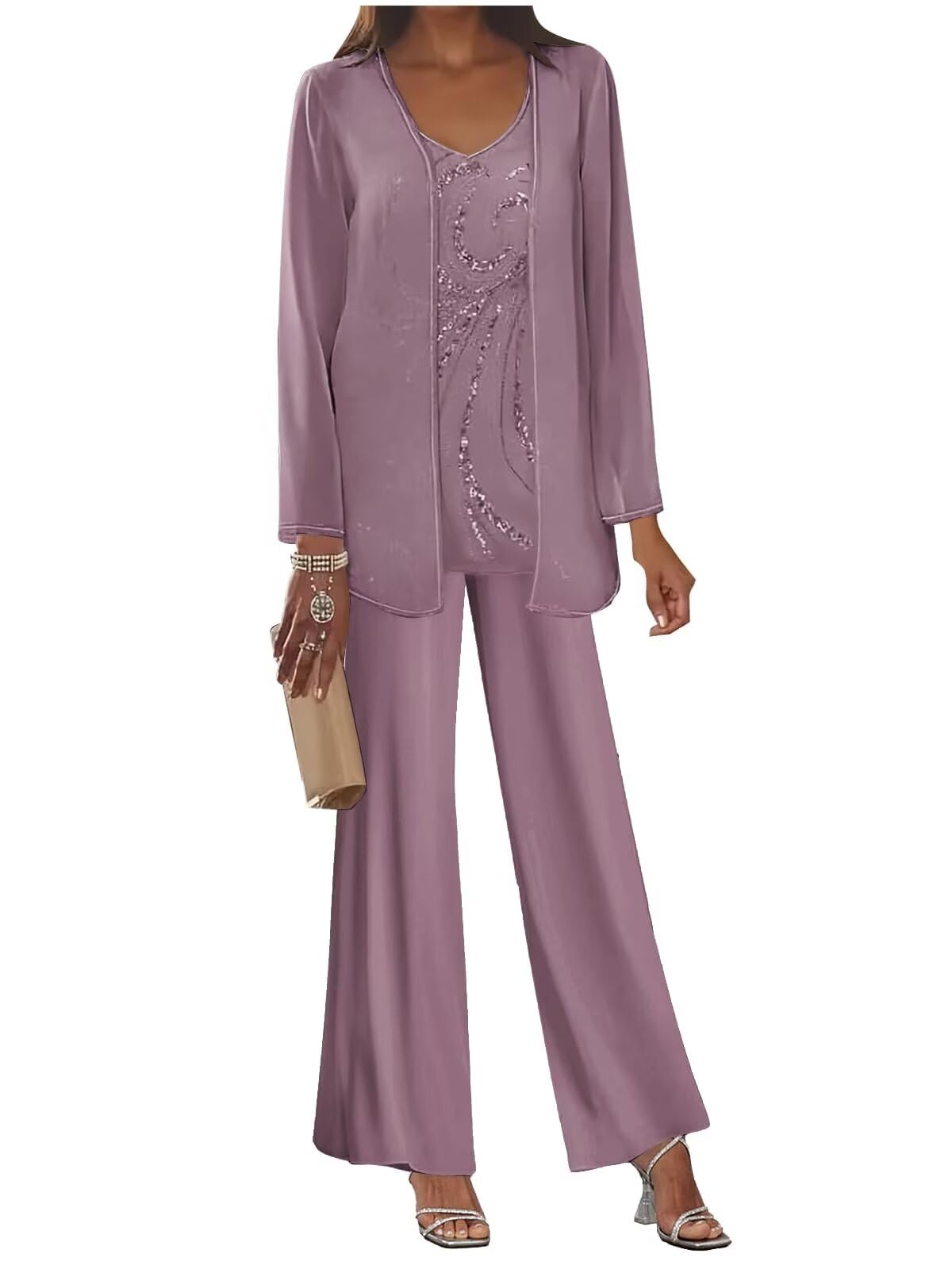 Chiffon Mother of The Bride Pant Suits for Wedding 3 Pieces Sequin Formal Evening Outfit with Pocket