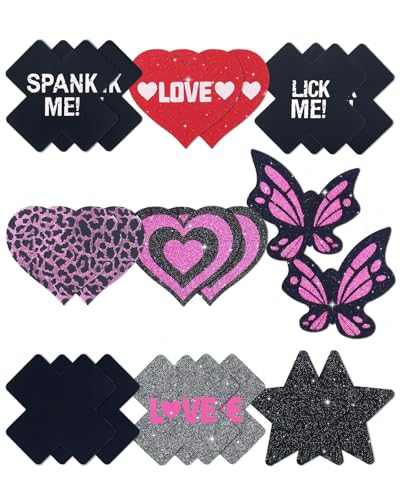 Image of CICKEE Pasties Sexy Nipple Covers 9 Pack Fun Pasty Pack for Rave Party Goth Lingerie Heart X Breast Petals with Words