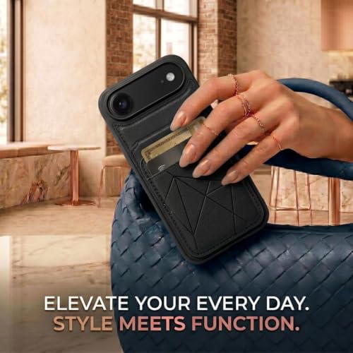 Image of amazon basics Premium Vegan Leather Back Cover with Card Holder and Integrated Mobile Stand for iPhone 17 Air - Slim Shockproof Wallet Case with Geometric Stitching [Black]