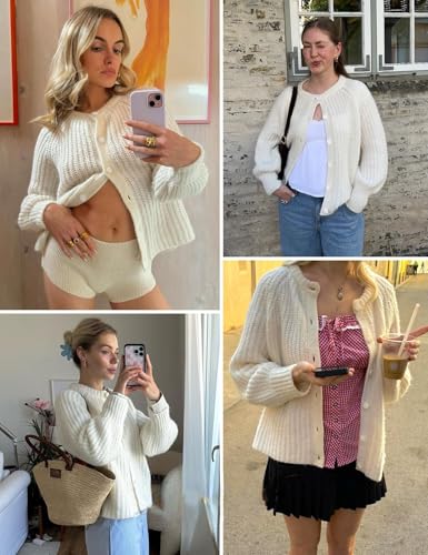 Image of Women's Casual Puff Long Sleeve Crew Neck Cardigan Button Down Open Front Knit Loose Sweater Outwear